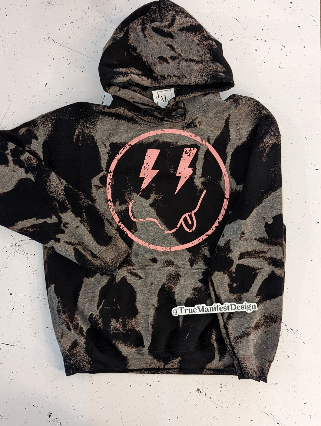 Pink Lightning Bolt Smiley Acid Wash Sweatshirt & Hoodie